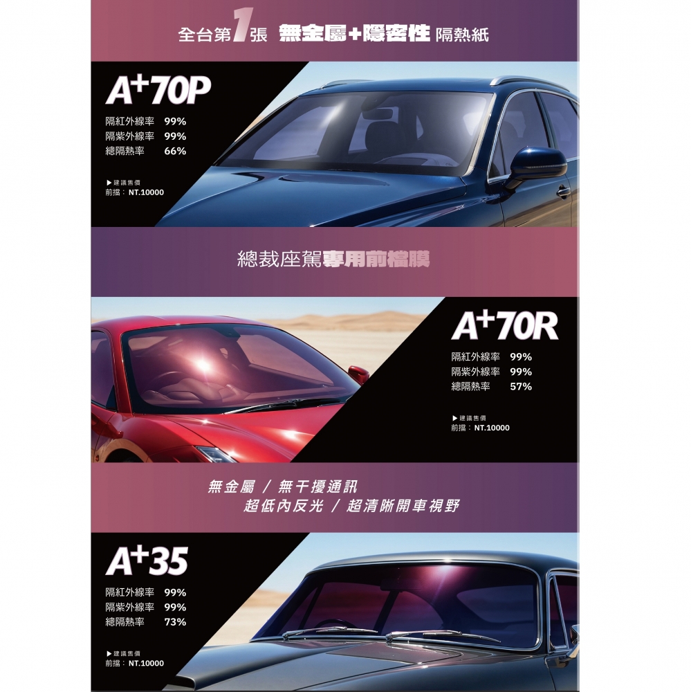 A⁺ 70R 前檔 | 頂級幻彩防爆隔熱膜